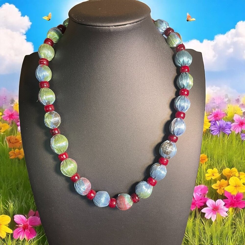 Colorful Fabric‎ Bead Necklace Burgundy Spacers Boho Statement Jewelry Gift
